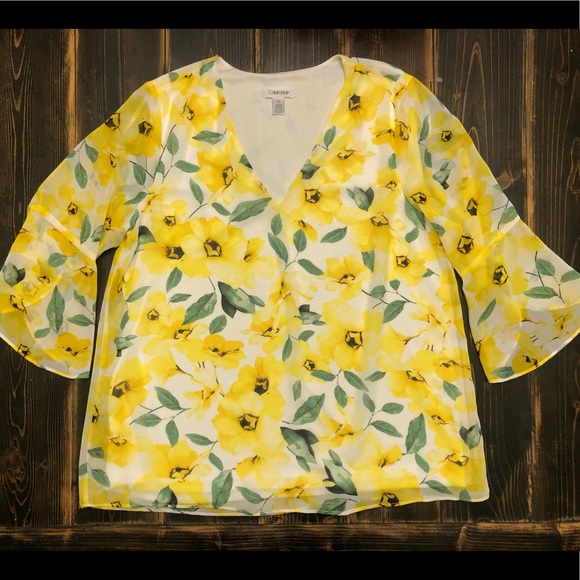 Calvin Klein 🌼 Floral Print V-Neck Chiffon 3/4 Ruffle Sleeve Top Size Large - Picture 5 of 7